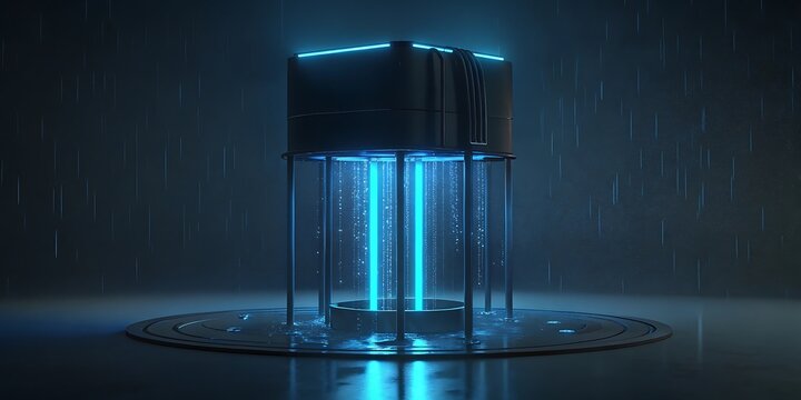 A mysterious glowing cube with blue light beams emanates from a metallic base in a dark room.