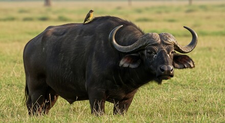 Fototapeta premium 草原に立つ巨大な水牛、穏やかな朝の光浴びて輝く黒毛 小鳥が仲良く乗る. AI Generated