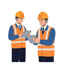 Two Engineers in Orange Safety Vests Reviewing Plans on Construction Site Wearing Hardhats For Safety and Professionalism on White Background