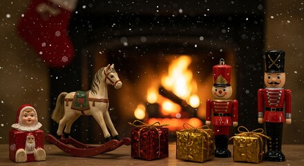A collection of vintage Christmas toys (rocking horse, tin soldier, doll) bathed in the warm, nostalgic glow of a crackling fireplace, with soft snowflakes falling outside a window. 