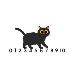 Obraz premium Black fluffy cat with yellow eyes walking beside numbers zero to ten