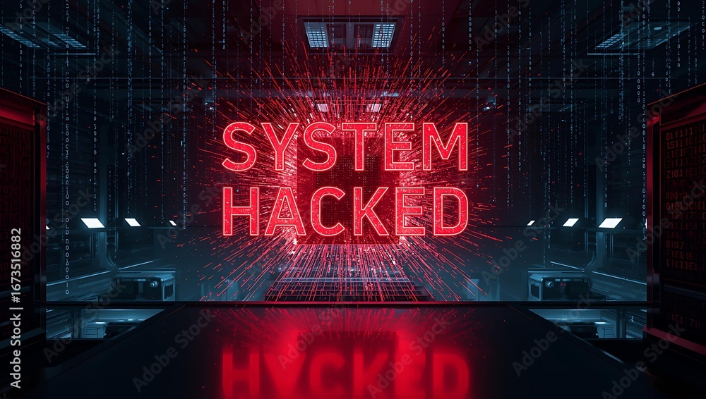 Poster a striking scene showcasing a futuristic cyber environment illuminated by a bold 'system hacked' mes