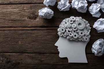Profile of head with gears, crumpled paper