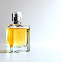 Golden perfume bottle on white