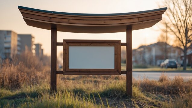 A traditional wooden display board with a boat-shaped roof, set outdoors in a grassy area with trees and buildings in the background during sunset.