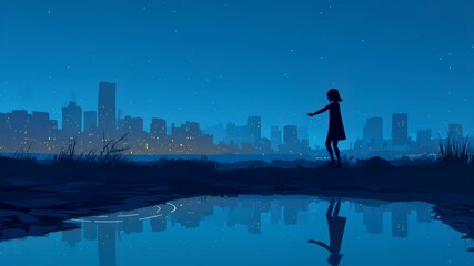 Animated virtual Silhouette of girl on Landscape background night city. Lo-fi. Loop - Powered by Adobe