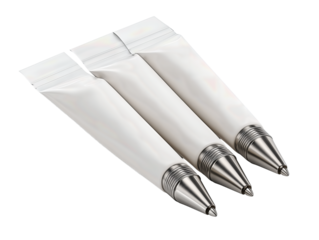 Pastry bag with three metal tips arranged neatly, reusable design with clean seam and satin finish, isolated on transparent background.
