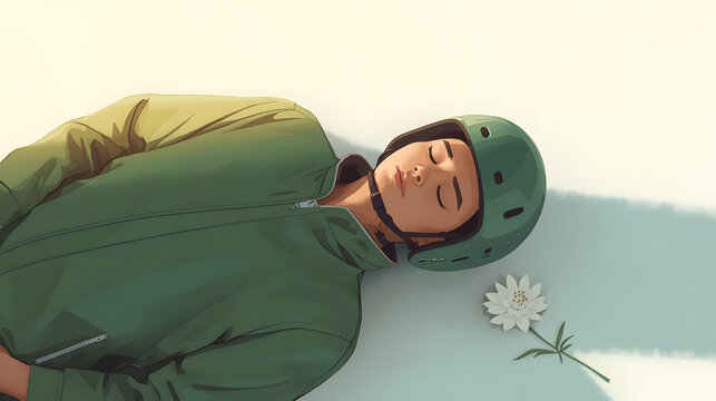 portrait of a young delivery man sleeping peacefully wearing green uniform