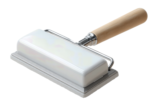 Grout float with beveled rubber base and smooth ergonomic handle, satin hardware minimal and clean, isolated on transparent background.
