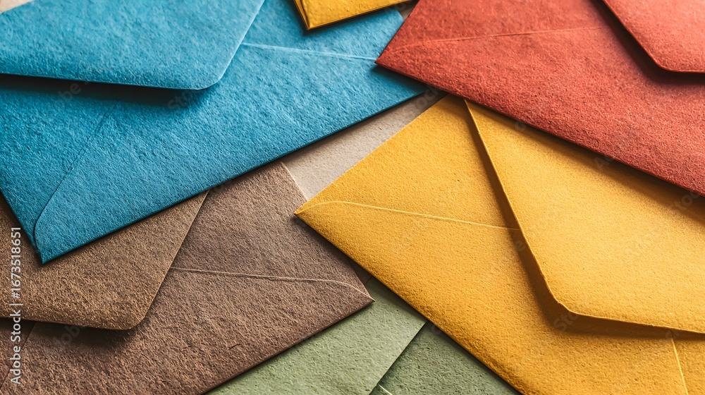 Poster colorful envelopes of various shades create a close-up visual feast, showcasing a rich array of text