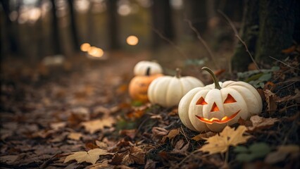 Obraz premium Glowing jack o lanterns lined up in a spooky autumn forest at dusk