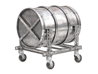A sturdy round steel drum dolly with four swivel casters and cross braces, isolated on transparent background.
