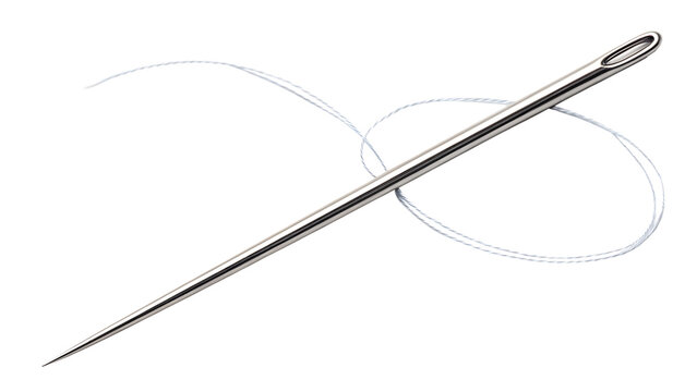 A sewing needle with thread looped through