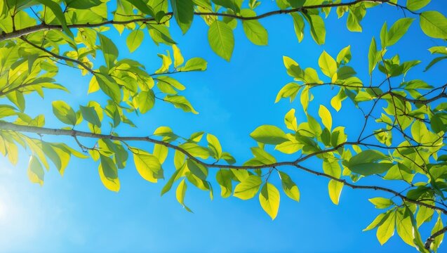 Bright green leaves on tree branches against a clear blue sky.