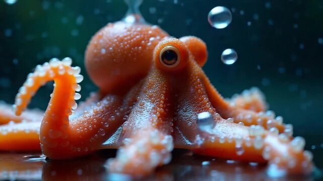 Drops of water fall on a fresh octopus. Filmed on a high-speed camera at 1000 fps. High quality FullHD footage