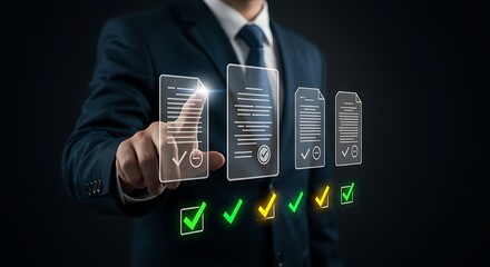 Business man selecting digital document icons representing approval checklist with check marks in virtual space