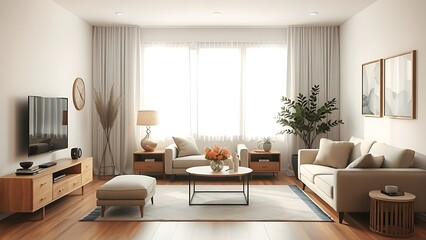 Simple living room with neutral tones and minimal furniture, creating a calm ambiance.