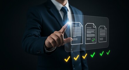 Businessman interacting with digital document processing workflow efficiency and project management system on transparent screen