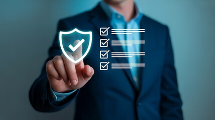 Businessman verifying security checklist for data protection and compliance using a virtual interface