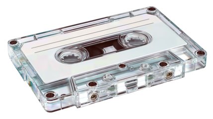 A blank clear audio cassette with visible spools and centered screws, isolated on transparent background.
