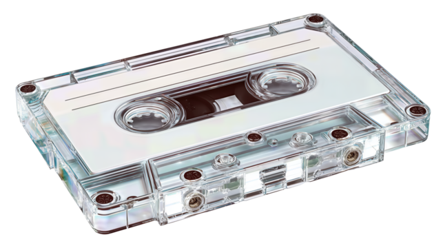 A blank clear audio cassette with visible spools and centered screws, isolated on transparent background.
