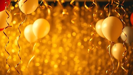 A festive golden frame filled with floating balloons and swirling confetti, capturing a lively celebration atmosphere.