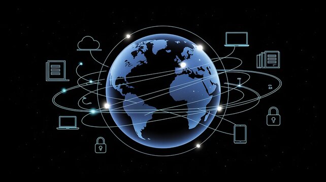 Global network communication with earth globe and digital device icons on black background - Powered by Adobe
