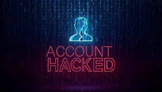 A digital concept image depicting an account hacked notification in neon blue and red lights with binary code in the background.