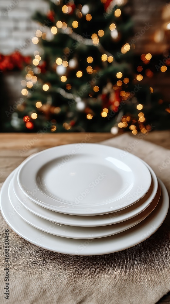 Poster holiday dining setup with stacked white plates on a rustic table near a decorated christmas tree in 