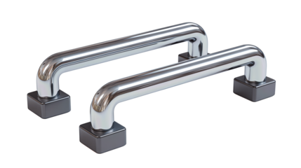 A pair of metal parallettes with square geometry and tidy rubber caps, isolated on transparent background.
