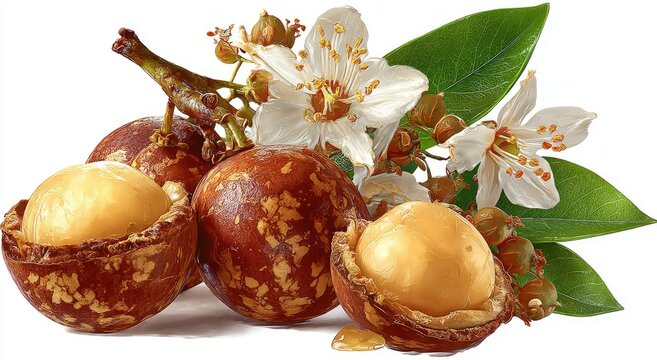 Macadamia nuts with blossoms and leaves