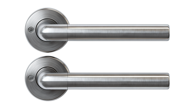 A matching pair of straight lever door handles with round roses, satin finish, isolated on transparent background.
