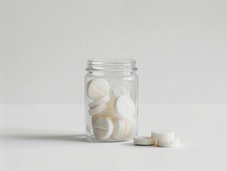 White tablets in a glass jar on a plain background showcasing minimalistic storage ideas for home organization