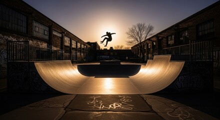Silhouette of skateboarder performing trick in skatepark at sunset with dramatic light.