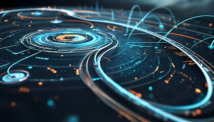Abstract futuristic digital network with glowing blue and orange lines and circuits representing data flow and connectivity in a technological concept