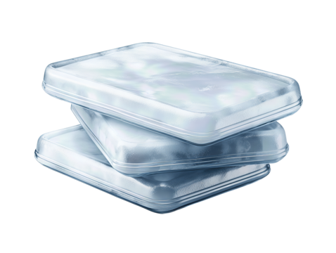 A stack of three flat gel ice packs with straight seams and tidy corners, isolated on transparent background.
