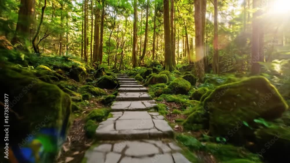 Poster scenic stone path through a lush green forest with moss covered trees and sunlight filtering through