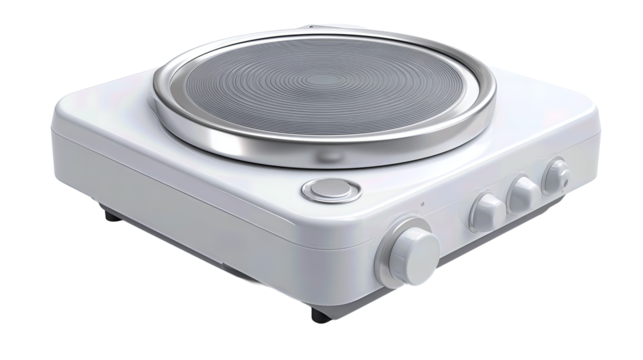 Modern lab magnetic stirrer with unlabelled controls and minimal form, isolated on transparent background.
