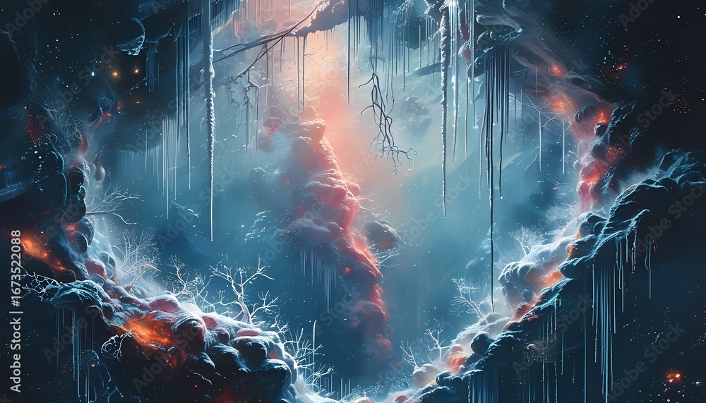 Poster surreal portal of light and color with abstract cosmic energy swirling and flowing like water in a d