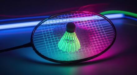 A shuttlecock is suspended within a badminton racket, illuminated by neon lights.
