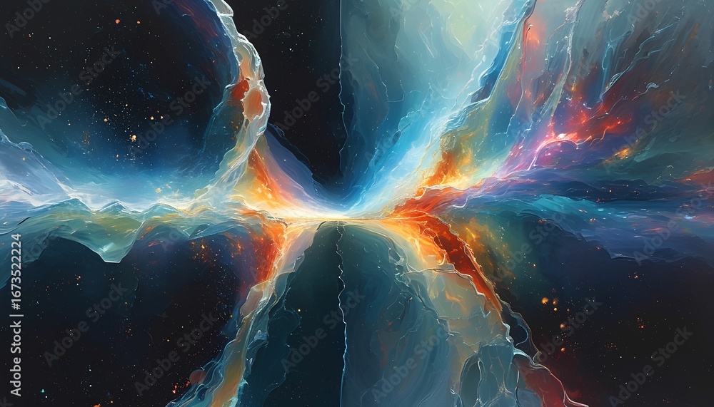 Poster vibrant cosmic nebula with glowing interstellar clouds and distant stars creating an ethereal and aw