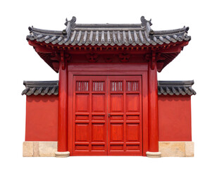 Decorative Asian-Style Red Gate with Curved Roof, Isolated Transparent Background PNG