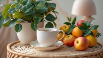 A cup of coffee or tea surrounded by apples and green leaves on a woven surface with a plant and lamp in the background.