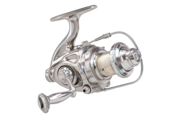 Modern fishing reel designed for smooth casting and durability, clean design, isolated on transparent background.
