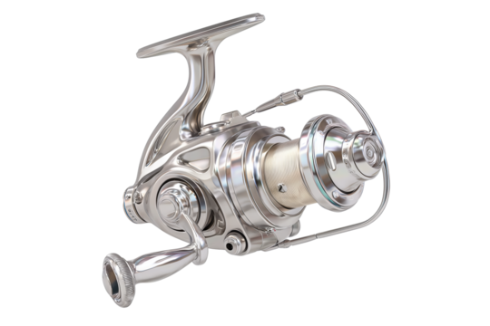 Modern fishing reel designed for smooth casting and durability, clean design, isolated on transparent background.
