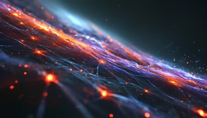 Obraz premium Abstract swirling energy streams of vibrant blue purple and orange light with glowing particles against a dark background representing digital data flow and technological innovation