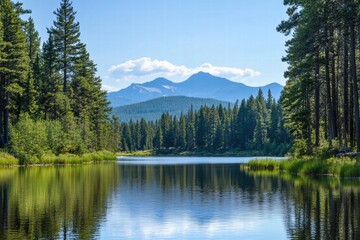 Forest lake reflecting mountains