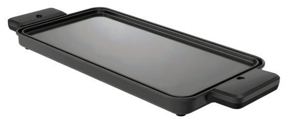 Rectangular countertop griddle with flush handles and smooth design, isolated on transparent background.
