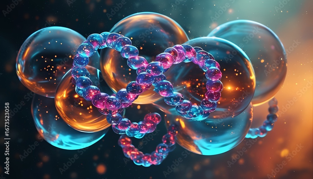 Poster abstract glowing molecular structure with interconnected spheres forming a heart shape illuminated b
