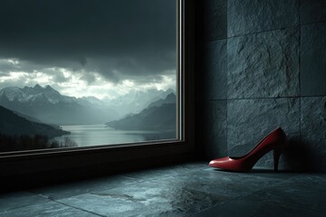 Red high heel by window, mountain view